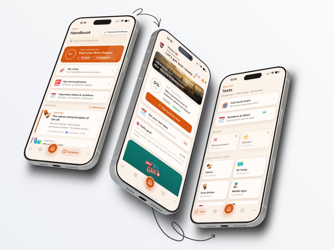 Visary Life in the UK app showing the handbook, home and tests screens